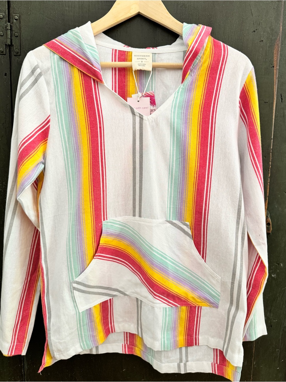 Women’s Southern Spirit Colorful Striped Hoodie Pullover Sweatshirt, Size Small